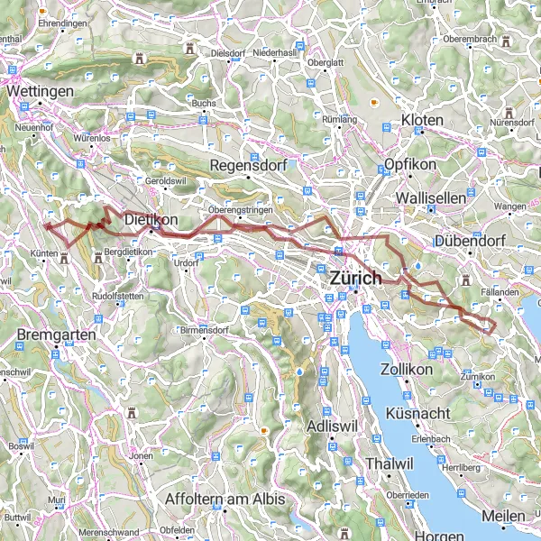 Miniatura della mappa di ispirazione al ciclismo "Percorso gravel da Benglen a Adlisberg e Monte Diggelmann" nella regione di Zürich, Switzerland. Generata da Tarmacs.app, pianificatore di rotte ciclistiche