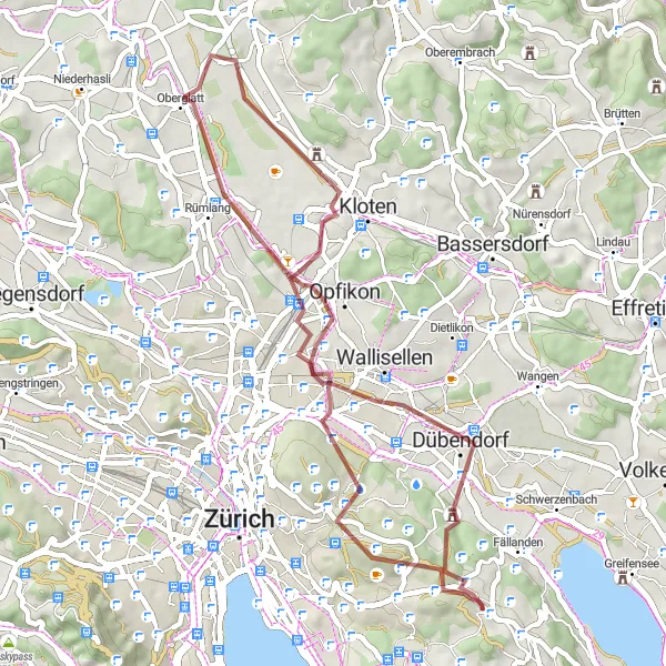 Miniatua del mapa de inspiración ciclista "Ruta de ciclismo de grava por Adlisberg y Dübendorf" en Zürich, Switzerland. Generado por Tarmacs.app planificador de rutas ciclistas