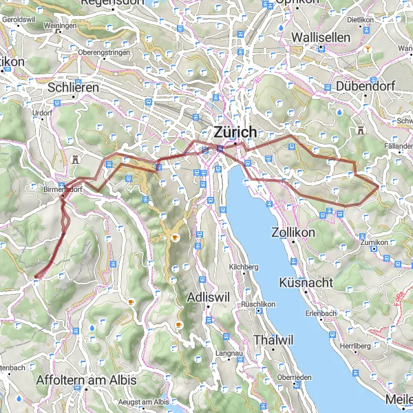 Zemljevid v pomanjšavi "Gravelna kolesarska pot do Adlisberga" kolesarske inspiracije v Zürich, Switzerland. Generirano z načrtovalcem kolesarskih poti Tarmacs.app