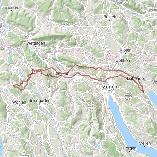 Zemljevid v pomanjšavi "Gravelna pustolovščina čez Dübendorf in Fällanden" kolesarske inspiracije v Zürich, Switzerland. Generirano z načrtovalcem kolesarskih poti Tarmacs.app