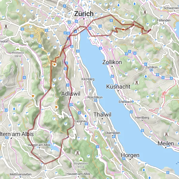 Mapa miniatúra "Cyklistická okružná trasa Adlisberg - Bürkliplatz" cyklistická inšpirácia v Zürich, Switzerland. Vygenerované cyklistickým plánovačom trás Tarmacs.app