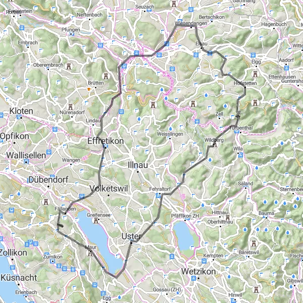 Miniatura della mappa di ispirazione al ciclismo "Giro in bicicletta da Benglen a Uster e Wildberg" nella regione di Zürich, Switzerland. Generata da Tarmacs.app, pianificatore di rotte ciclistiche