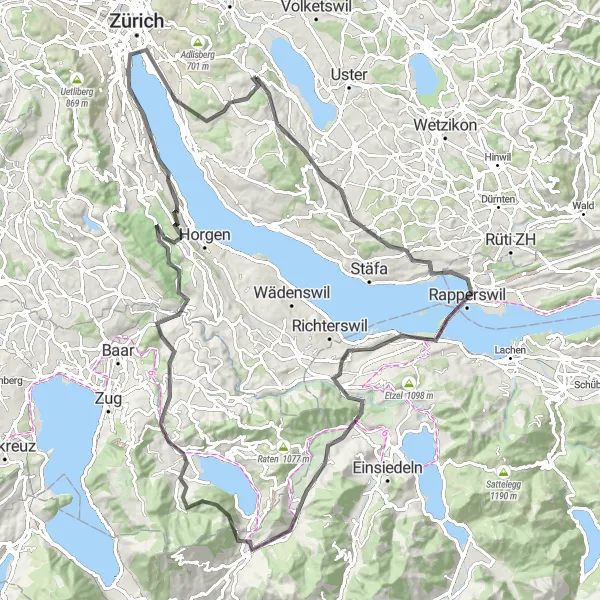 Miniatua del mapa de inspiración ciclista "Ruta en Carretera a Chaiserstock y Thalwil" en Zürich, Switzerland. Generado por Tarmacs.app planificador de rutas ciclistas