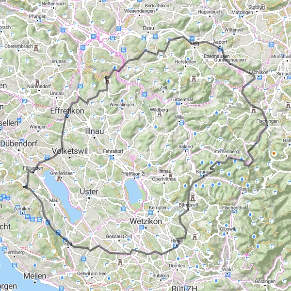 Miniatua del mapa de inspiración ciclista "Ruta de ciclismo de carretera por Bauma y Hinwil" en Zürich, Switzerland. Generado por Tarmacs.app planificador de rutas ciclistas
