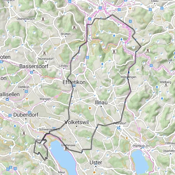 Zemljevid v pomanjšavi "Cestna kolesarska tura prek Lindau in Ebmatingen" kolesarske inspiracije v Zürich, Switzerland. Generirano z načrtovalcem kolesarskih poti Tarmacs.app