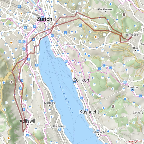 Miniatuurkaart van de fietsinspiratie "Gravelroute Binz naar Adlisberg" in Zürich, Switzerland. Gemaakt door de Tarmacs.app fietsrouteplanner