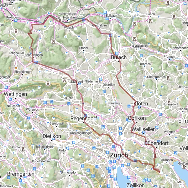 Map miniature of "Chäferberg and Regensberg Gravel Odyssey" cycling inspiration in Zürich, Switzerland. Generated by Tarmacs.app cycling route planner