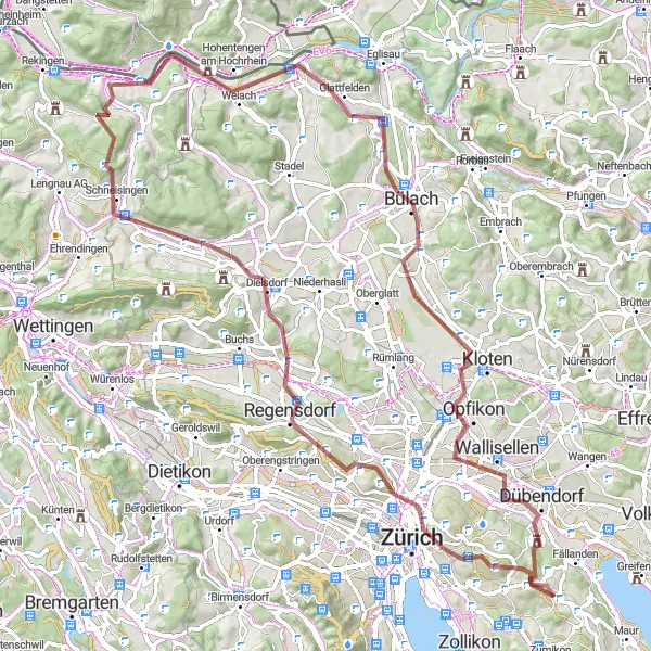 Miniatura della mappa di ispirazione al ciclismo "Via del Kaiserstuhl" nella regione di Zürich, Switzerland. Generata da Tarmacs.app, pianificatore di rotte ciclistiche