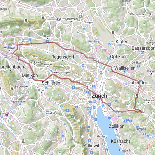 Mapa miniatúra "Pokračovanie spracovaním" cyklistická inšpirácia v Zürich, Switzerland. Vygenerované cyklistickým plánovačom trás Tarmacs.app