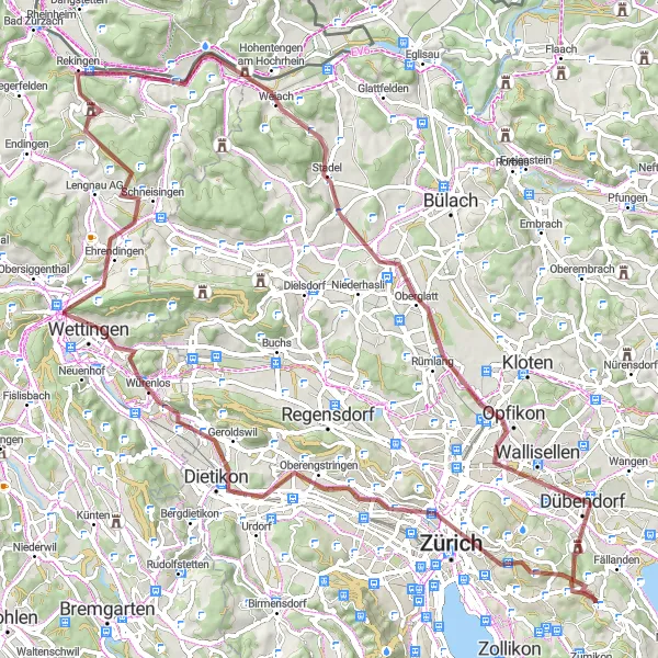 Mapa miniatúra "Swiss Countryside Gravel" cyklistická inšpirácia v Zürich, Switzerland. Vygenerované cyklistickým plánovačom trás Tarmacs.app