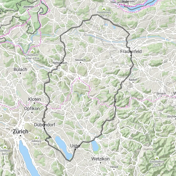 Miniatura della mappa di ispirazione al ciclismo "Tour delle colline intorno a Binz" nella regione di Zürich, Switzerland. Generata da Tarmacs.app, pianificatore di rotte ciclistiche