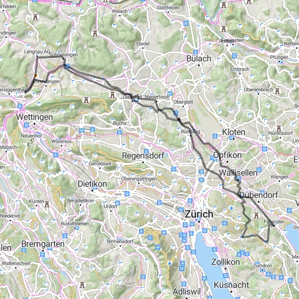 Kartminiatyr av "Cykling på landsväg till Guglen och Wallisellen" cykelinspiration i Zürich, Switzerland. Genererad av Tarmacs.app cykelruttplanerare