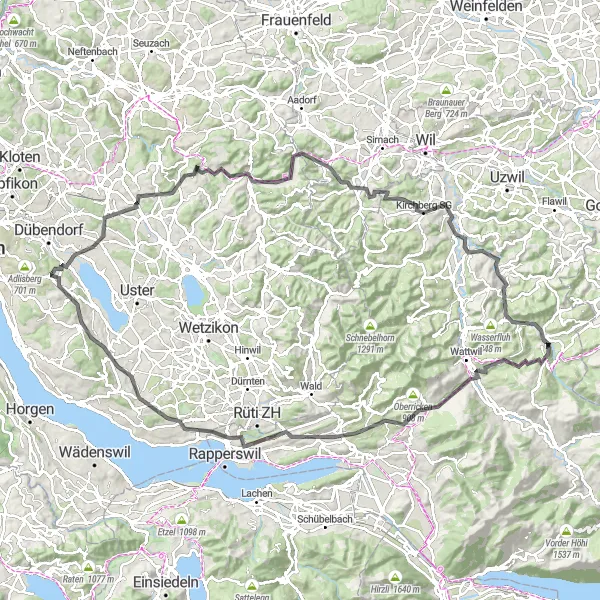 Miniatura della mappa di ispirazione al ciclismo "Rotta del Wassberg" nella regione di Zürich, Switzerland. Generata da Tarmacs.app, pianificatore di rotte ciclistiche