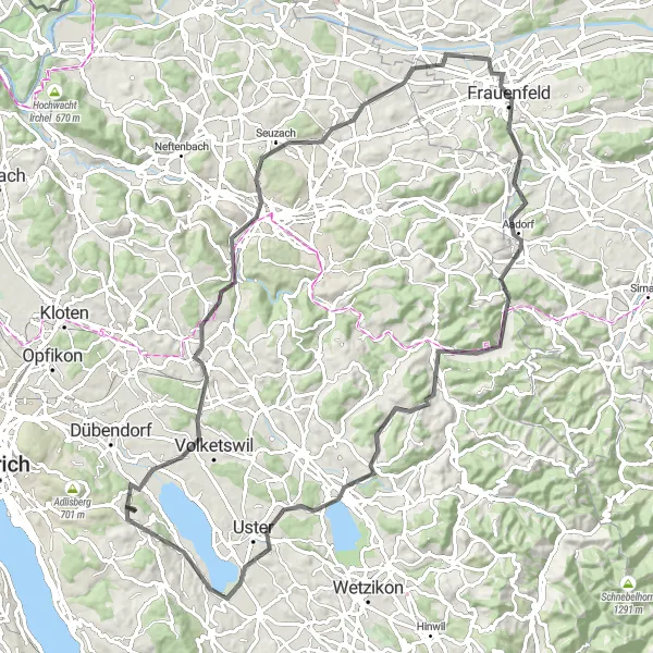 Miniatua del mapa de inspiración ciclista "Ruta en Carretera de 91km con ascenso de 1253m" en Zürich, Switzerland. Generado por Tarmacs.app planificador de rutas ciclistas