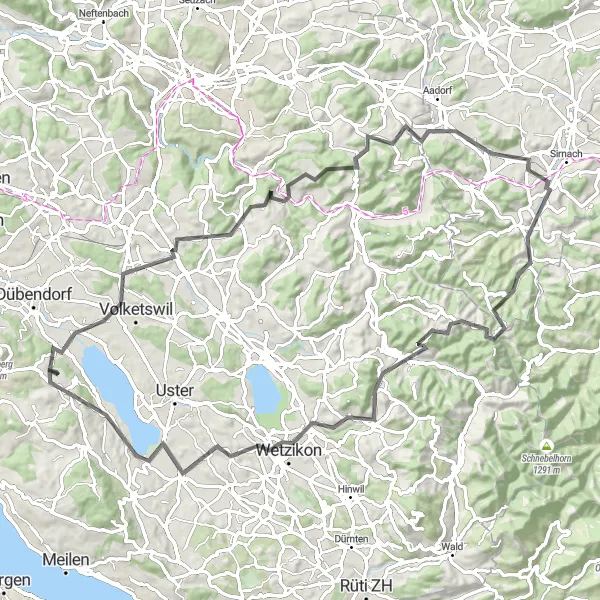 Miniatura della mappa di ispirazione al ciclismo "Giro del Hörnli" nella regione di Zürich, Switzerland. Generata da Tarmacs.app, pianificatore di rotte ciclistiche