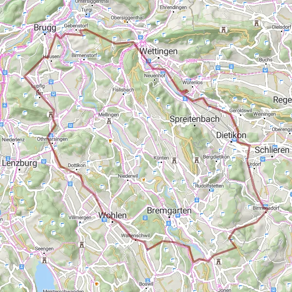 Kartminiatyr av "Grusvei Eventyr fra Birmensdorf til Dietikon" sykkelinspirasjon i Zürich, Switzerland. Generert av Tarmacs.app sykkelrutoplanlegger