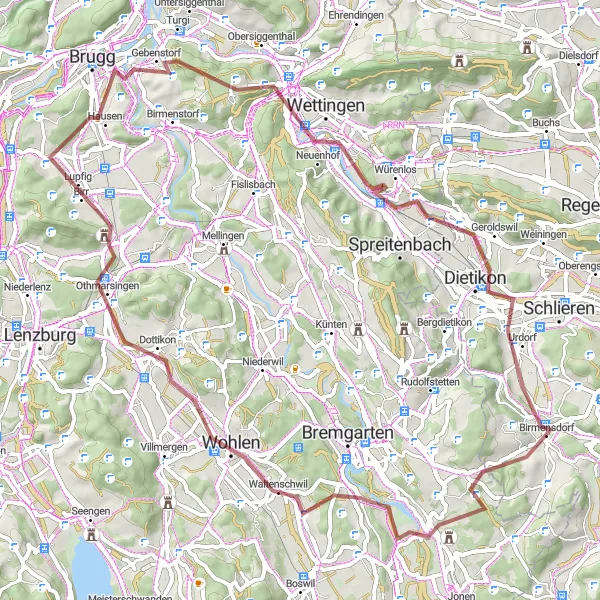 Map miniature of "Gravel Adventure" cycling inspiration in Zürich, Switzerland. Generated by Tarmacs.app cycling route planner