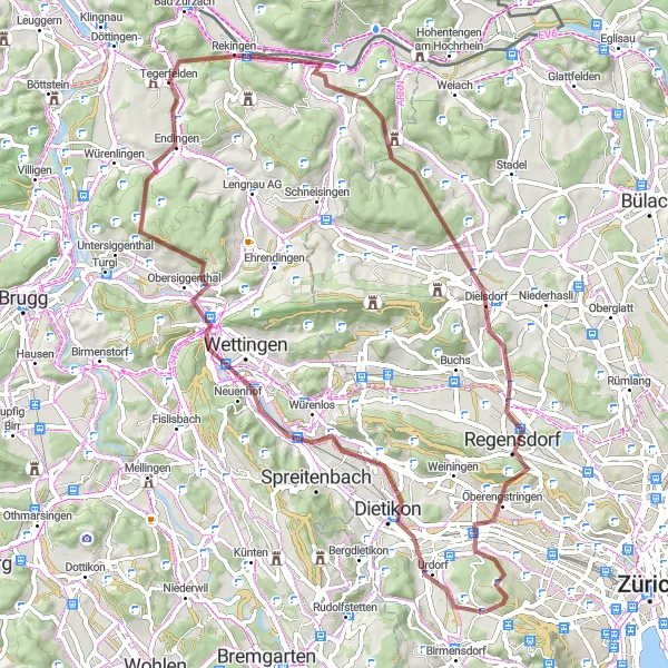 Zemljevid v pomanjšavi "Pustolovščina po gorskem terenu" kolesarske inspiracije v Zürich, Switzerland. Generirano z načrtovalcem kolesarskih poti Tarmacs.app