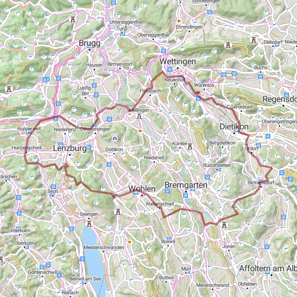 Zemljevid v pomanjšavi "Raznolika kolesarska pot okoli Birmensdorfa" kolesarske inspiracije v Zürich, Switzerland. Generirano z načrtovalcem kolesarskih poti Tarmacs.app
