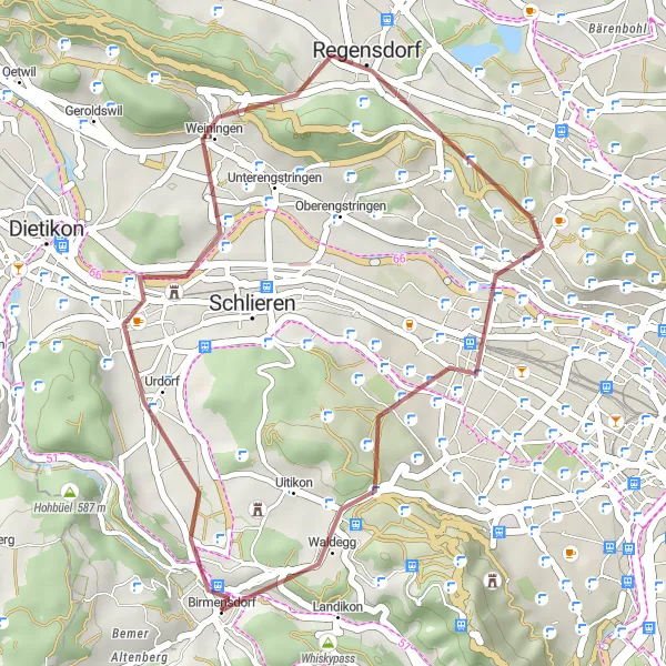 Miniatuurkaart van de fietsinspiratie "Gravelroute naar Gubrist en Regensdorf" in Zürich, Switzerland. Gemaakt door de Tarmacs.app fietsrouteplanner