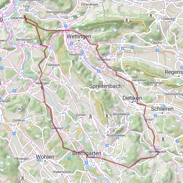 Miniatua del mapa de inspiración ciclista "Aventura en Grava Oberwil y Baden" en Zürich, Switzerland. Generado por Tarmacs.app planificador de rutas ciclistas