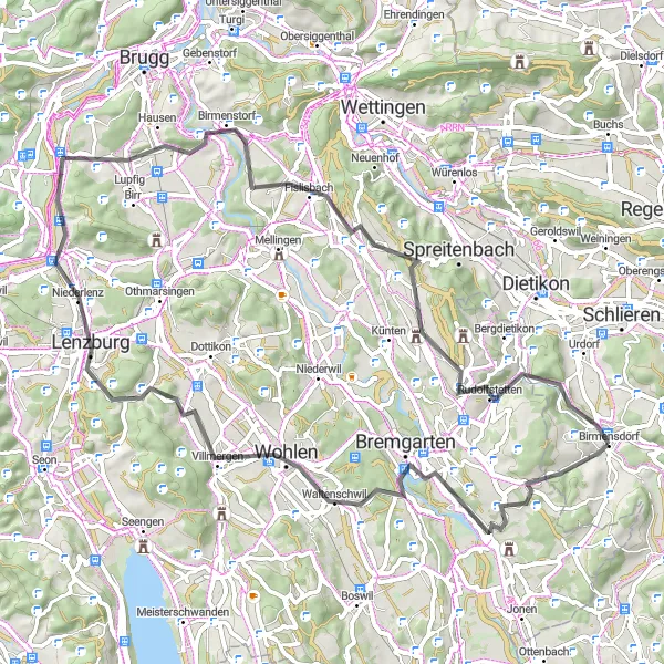 Miniatura della mappa di ispirazione al ciclismo "Cicloturismo attraverso Bremgarten e Villmergen" nella regione di Zürich, Switzerland. Generata da Tarmacs.app, pianificatore di rotte ciclistiche