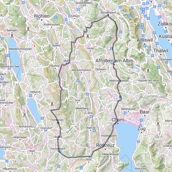 Kartminiatyr av "Rundtur til Maleriske Landsbyer fra Birmensdorf" sykkelinspirasjon i Zürich, Switzerland. Generert av Tarmacs.app sykkelrutoplanlegger