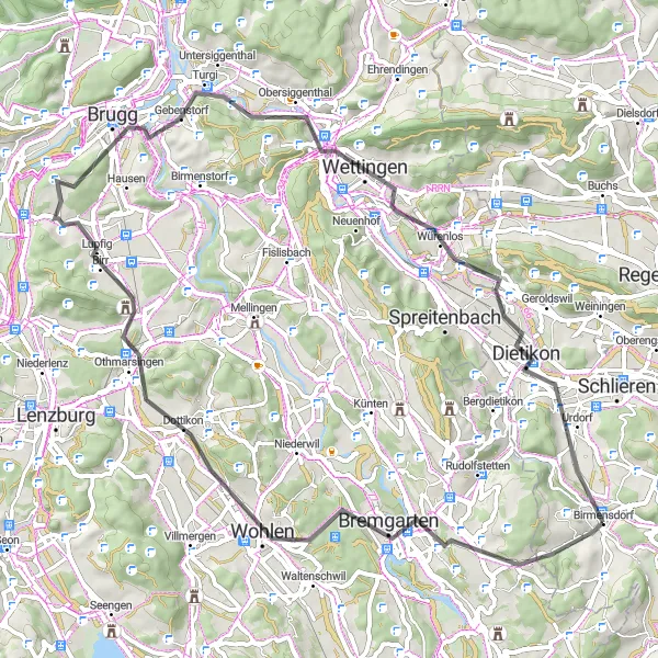Miniatua del mapa de inspiración ciclista "Ruta de ciclismo en carretera a Birmensdorf" en Zürich, Switzerland. Generado por Tarmacs.app planificador de rutas ciclistas
