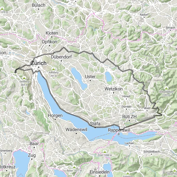 Miniatura della mappa di ispirazione al ciclismo "Avventura ciclistica attraverso Föhrlibuck e Dietlikon" nella regione di Zürich, Switzerland. Generata da Tarmacs.app, pianificatore di rotte ciclistiche