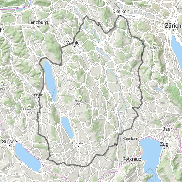 Map miniature of "Road Cycling Adventure through Zürich Region" cycling inspiration in Zürich, Switzerland. Generated by Tarmacs.app cycling route planner