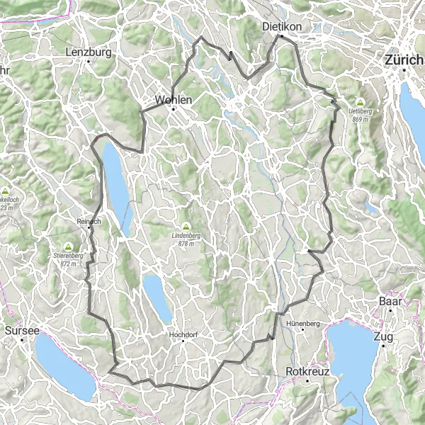 Miniaturní mapa "Road Bike Trasa kolem Birmensdorfu" inspirace pro cyklisty v oblasti Zürich, Switzerland. Vytvořeno pomocí plánovače tras Tarmacs.app