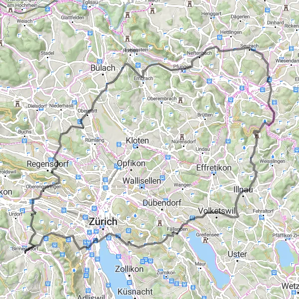 Miniatua del mapa de inspiración ciclista "Ruta de Ciclismo de Carretera desde Birmensdorf" en Zürich, Switzerland. Generado por Tarmacs.app planificador de rutas ciclistas