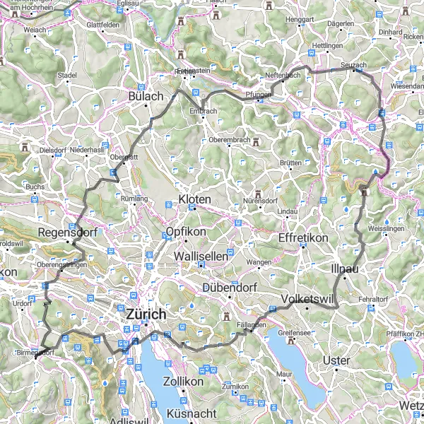 Miniaturní mapa "Okružní cyklotrasa od Birmensdorfu" inspirace pro cyklisty v oblasti Zürich, Switzerland. Vytvořeno pomocí plánovače tras Tarmacs.app