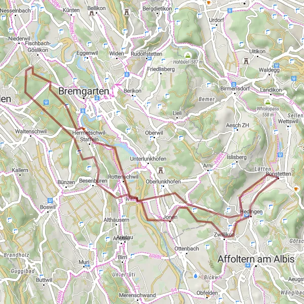 Mapa miniatúra "Gravel Trasa cez Oberlunkhofen, Fischbach-Göslikon, Jonen a Hedingen" cyklistická inšpirácia v Zürich, Switzerland. Vygenerované cyklistickým plánovačom trás Tarmacs.app