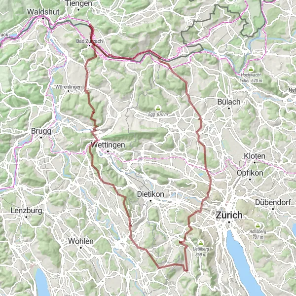 Zemljevid v pomanjšavi "Gravel Route to Hohentengen am Hochrhein" kolesarske inspiracije v Zürich, Switzerland. Generirano z načrtovalcem kolesarskih poti Tarmacs.app