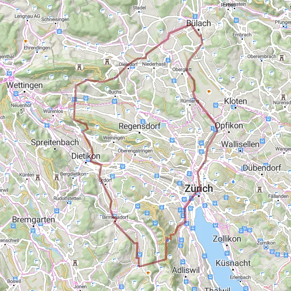 Karttaminiaatyyri "Mahtava Gravel Retki Bonstettenista" pyöräilyinspiraatiosta alueella Zürich, Switzerland. Luotu Tarmacs.app pyöräilyreittisuunnittelijalla