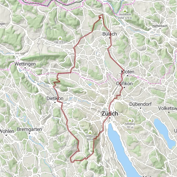 Miniatua del mapa de inspiración ciclista "Aventura en bicicleta por pintorescos caminos" en Zürich, Switzerland. Generado por Tarmacs.app planificador de rutas ciclistas