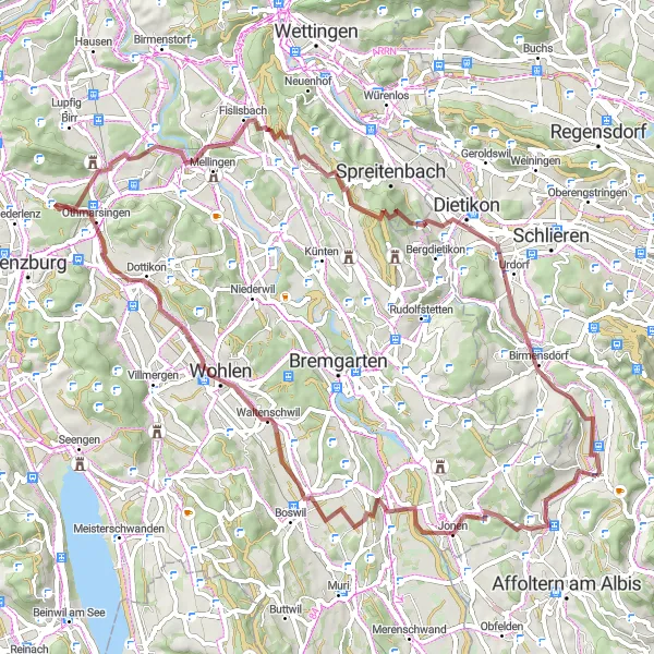 Miniatura della mappa di ispirazione al ciclismo "Avventura gravel tra Jonen e Wettswil" nella regione di Zürich, Switzerland. Generata da Tarmacs.app, pianificatore di rotte ciclistiche