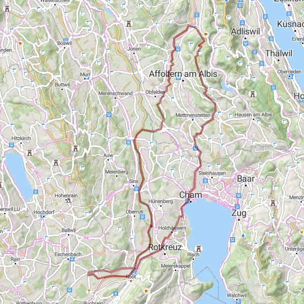 Miniatua del mapa de inspiración ciclista "Ruta de Grava Hedingen - Aeugsterberg" en Zürich, Switzerland. Generado por Tarmacs.app planificador de rutas ciclistas