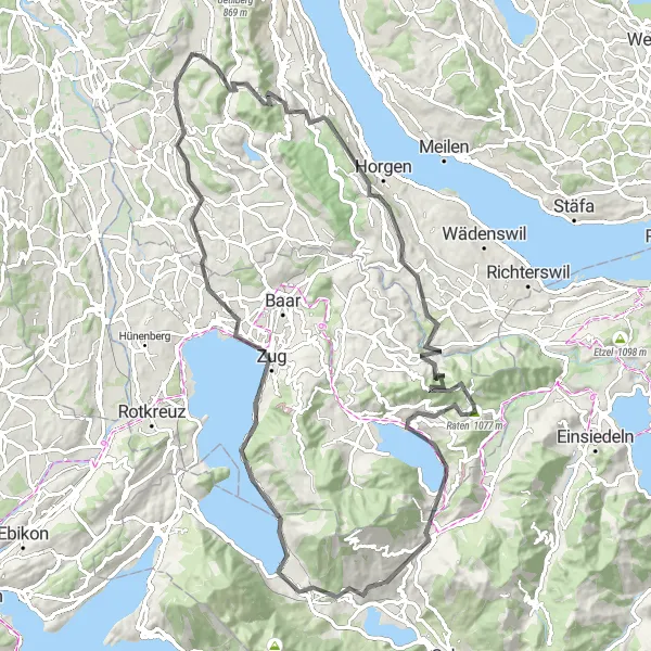 Kartminiatyr av "Kupert roadtrip gjennom Sveits" sykkelinspirasjon i Zürich, Switzerland. Generert av Tarmacs.app sykkelrutoplanlegger