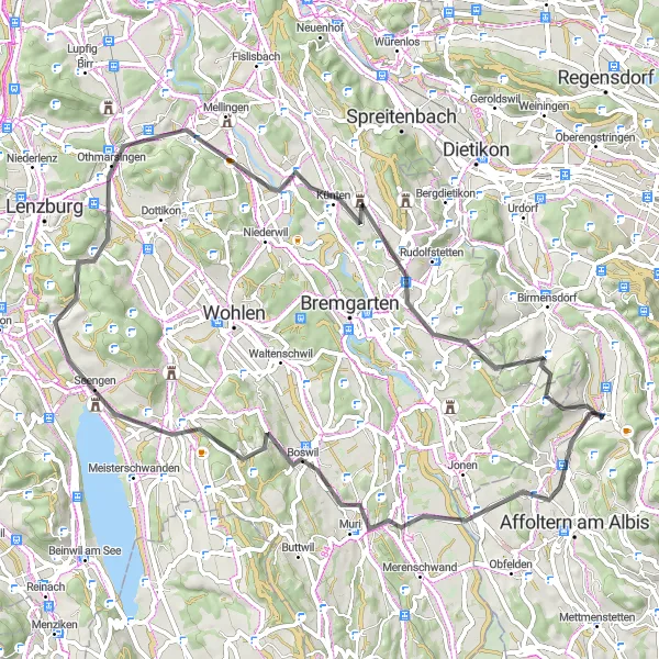 Miniaturní mapa "Silnice: Okruh přes Sarmenstorf a Islisberg" inspirace pro cyklisty v oblasti Zürich, Switzerland. Vytvořeno pomocí plánovače tras Tarmacs.app