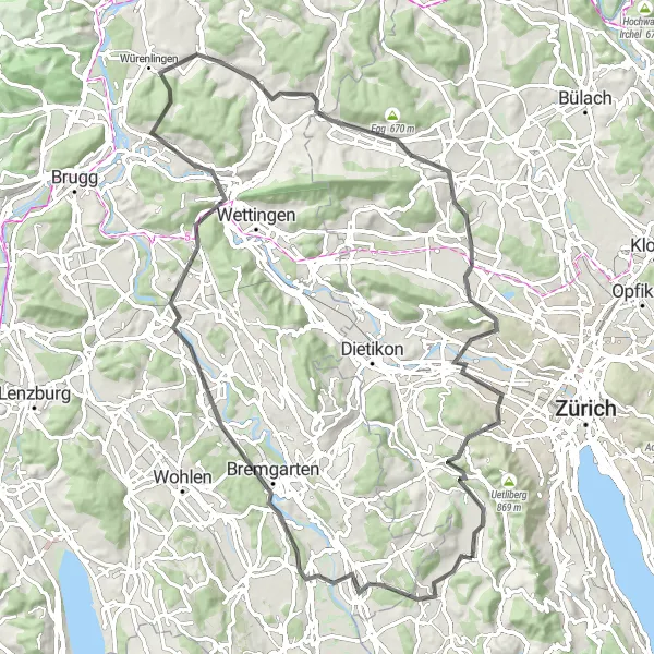 Mapa miniatúra "Road trasa cez Oberlunkhofen, Mellingen a Gubrist" cyklistická inšpirácia v Zürich, Switzerland. Vygenerované cyklistickým plánovačom trás Tarmacs.app