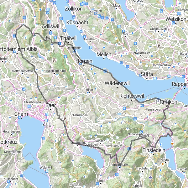 Map miniature of "Alpine Lakes and Scenic Views" cycling inspiration in Zürich, Switzerland. Generated by Tarmacs.app cycling route planner