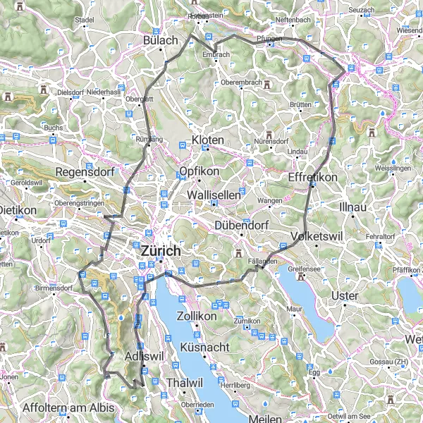 Zemljevid v pomanjšavi "Prijetna kolesarska pot skozi raznolike pokrajine v dolžini 88 km" kolesarske inspiracije v Zürich, Switzerland. Generirano z načrtovalcem kolesarskih poti Tarmacs.app