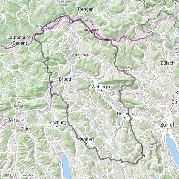 Miniatua del mapa de inspiración ciclista "Ruta por las montañas de Zúrich" en Zürich, Switzerland. Generado por Tarmacs.app planificador de rutas ciclistas
