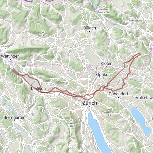 Zemljevid v pomanjšavi "Gravel potep na Föhrlibuck" kolesarske inspiracije v Zürich, Switzerland. Generirano z načrtovalcem kolesarskih poti Tarmacs.app