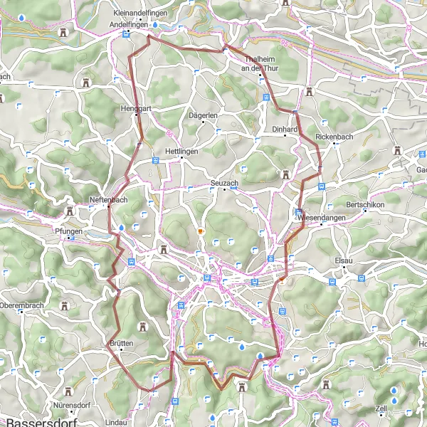 Mapa miniatúra "Kolesovanie okolo Kyburgu" cyklistická inšpirácia v Zürich, Switzerland. Vygenerované cyklistickým plánovačom trás Tarmacs.app