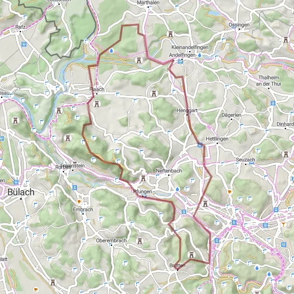 Mapa miniatúra "Trasa cez Thurauen a Henggart" cyklistická inšpirácia v Zürich, Switzerland. Vygenerované cyklistickým plánovačom trás Tarmacs.app