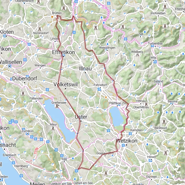 Zemljevid v pomanjšavi "Gravel kolesarjenje skozi Nänikon" kolesarske inspiracije v Zürich, Switzerland. Generirano z načrtovalcem kolesarskih poti Tarmacs.app