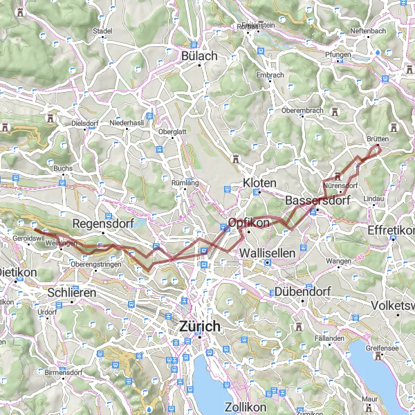 Miniatua del mapa de inspiración ciclista "Ruta de Grava alrededor de Brütten" en Zürich, Switzerland. Generado por Tarmacs.app planificador de rutas ciclistas